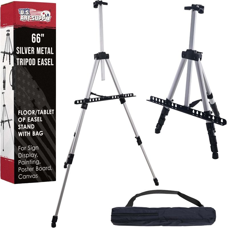Photo 1 of U.S. Art Supply 66" Silver Metal Tripod Easel Display - Adjustable 18"- 5.5', Holds 36" Canvas - Floor/Tabletop Easel Stand, for Sign Display, Painting, Poster Board, Canvas - Portable Bag