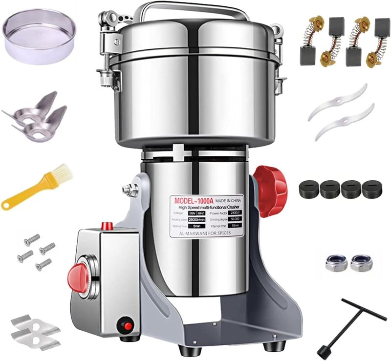 Photo 1 of Electric Grain Grinder Mill 1000g High-speed Spice Herb Mill Commercial Powder Machine for Dry Cereals Grain Herb Spice Coffee Corn Bean (1000g Stand Type)