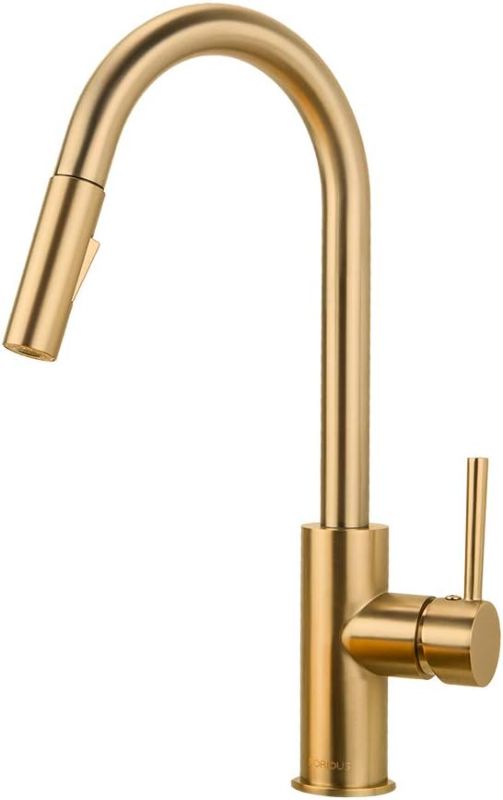 Photo 1 of ORIOUS Gold Kitchen Faucet with Pull Down Sprayer, Brushed Brass High Arc Gooseneck Modern Sink Faucet with CUPC Ceramic Cartridge, Single Handle Stainless Steel and Deck Plate