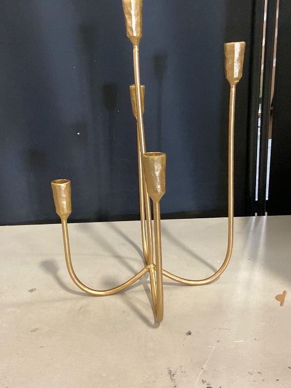 Photo 1 of 5-Candle Cast Iron Metal Candelabra Candlestick Holders 15 inch Tall Candle Holder Wedding Event Candelabra Candle Stand Brass Gold