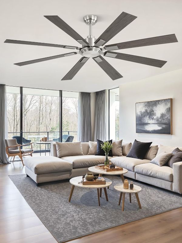 Photo 1 of 65 Inch Brushed Nickel Modern Ceiling Fan No Light with Remote, Outdoor Ceiling Fans Without Light with Quiet Reversible DC Motor, 6 Speeds, 8 Blades Large Ceiling Fan for Patios, Living Room, Garage