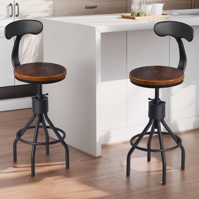 Photo 1 of Set of 2 Industrial Bar Stools with Backrest 23-33inch Swivel Wooden Seat Kitchen Island Dining Chair Counter Stool Height Adjustable