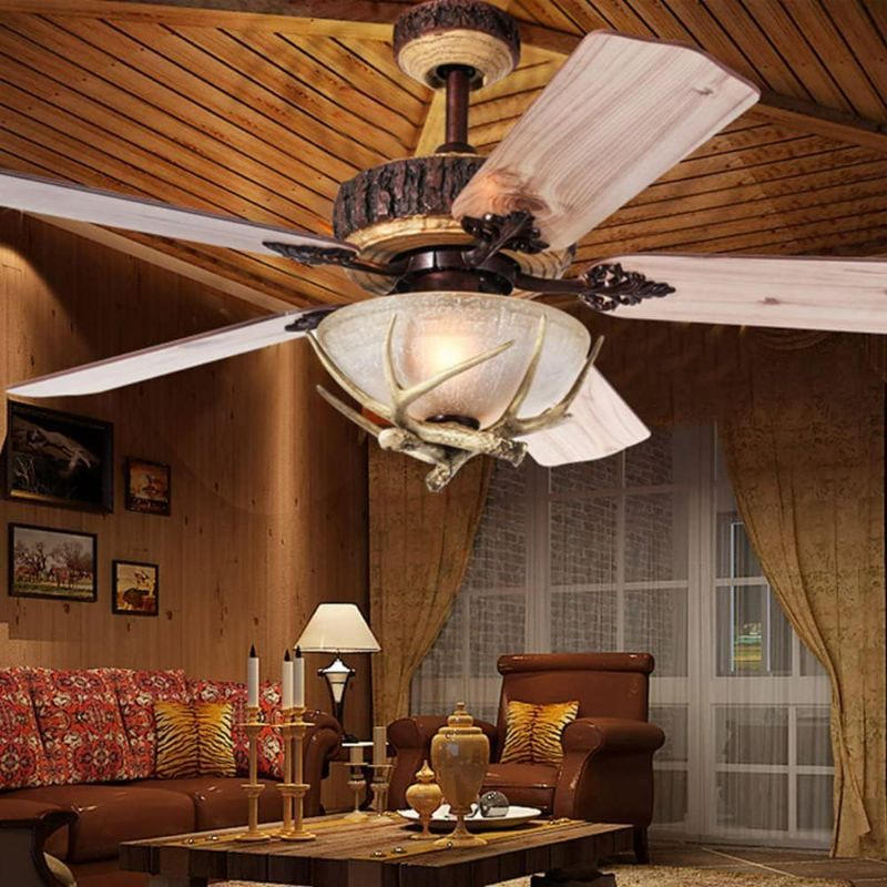 Photo 1 of Antler Rustic Ceiling Fan with Lights and Remote, Modern Chandelier Fan Light, Indoor Cabin Electrical Fan with 5 Wood Blades for Hunting, Farmhouse, Bedroom Living Room(52", Red Bronze)