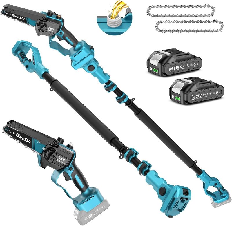 Photo 1 of SEESII 2-in-1 Electric Pole Saws for Tree Trimming, 6 Inch Mini Chainsaw Cordless with Extension Pole, Battery Powered Pole Chain Saw, Tree Trimmer Limb Branch Cutter Pruner with 2 Battery PS600