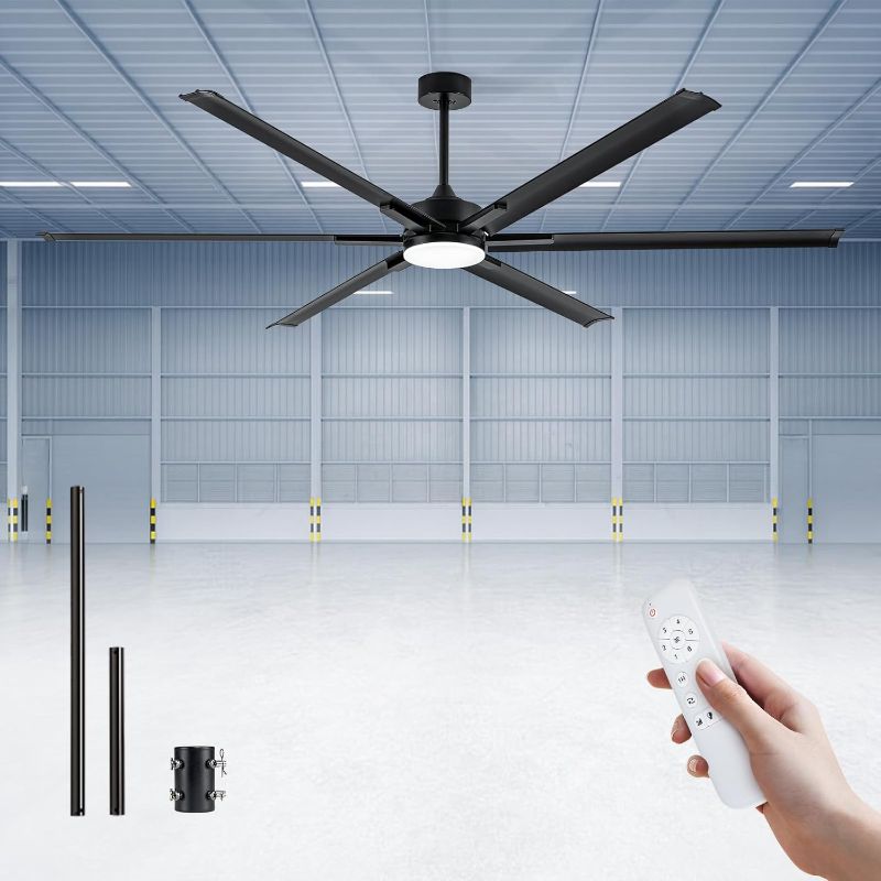 Photo 1 of 84In Large Ceiling Fan with Black Aluminum Blades,Industrial Ceiling Fan with Dimmable Light,12"/24" Downrod,Extension Coupler,6 Speed,Noiseless DC Motor Indoor Outdoor Covered Patio,Commercial