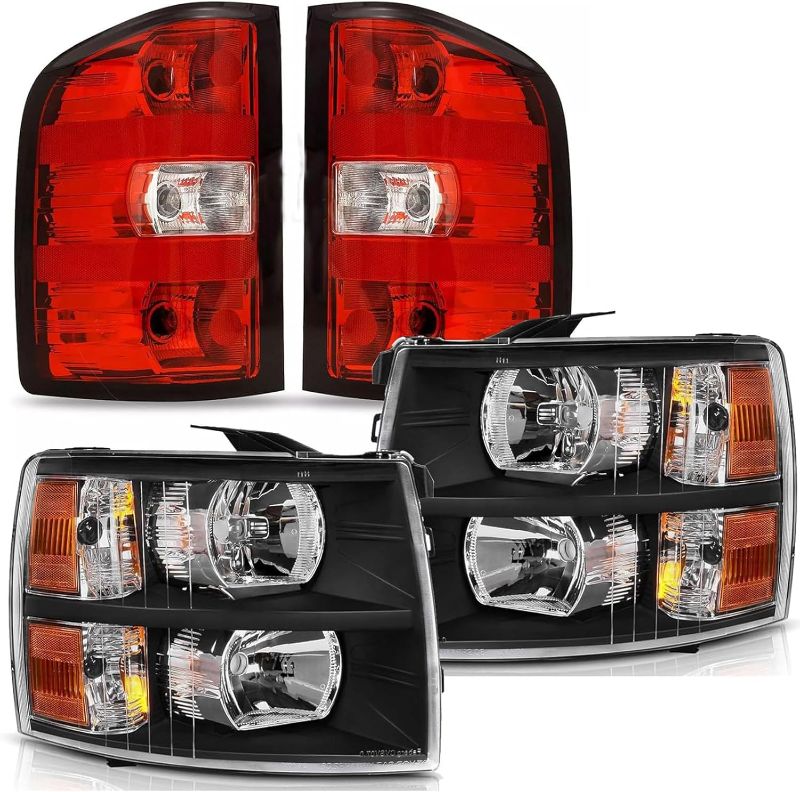 Photo 1 of Headlight Taillight Assembly Fit For 2007-2013 Chevy Silverado 1500 2007-2014 Chevy Silverado 2500HD 3500HD Black Housing Amber Corner w/Red Taillights Rear Brake Lamp