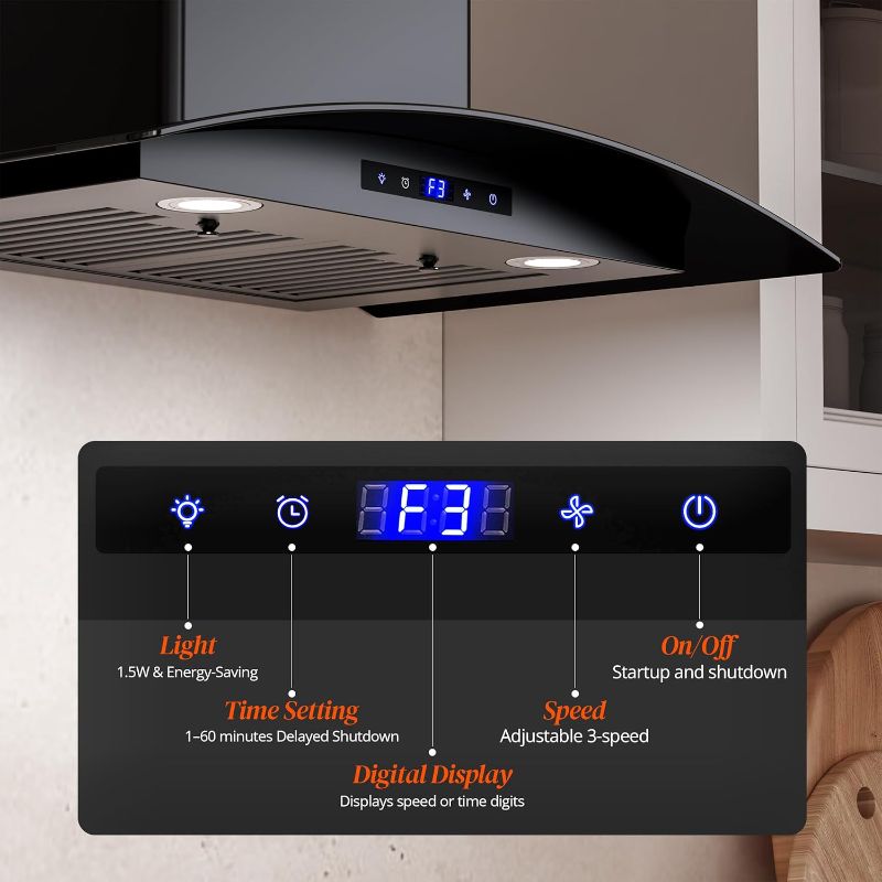 Photo 1 of FIREGAS Range Hood 30 inch, 600 CFM Wall Mount Glass Kitchen Hood Ducted/Ductless Convertible with 3-Speed Fan, Screen Control, Time Setting, LED Lights, Black Painted Stainless Steel Vent Hood