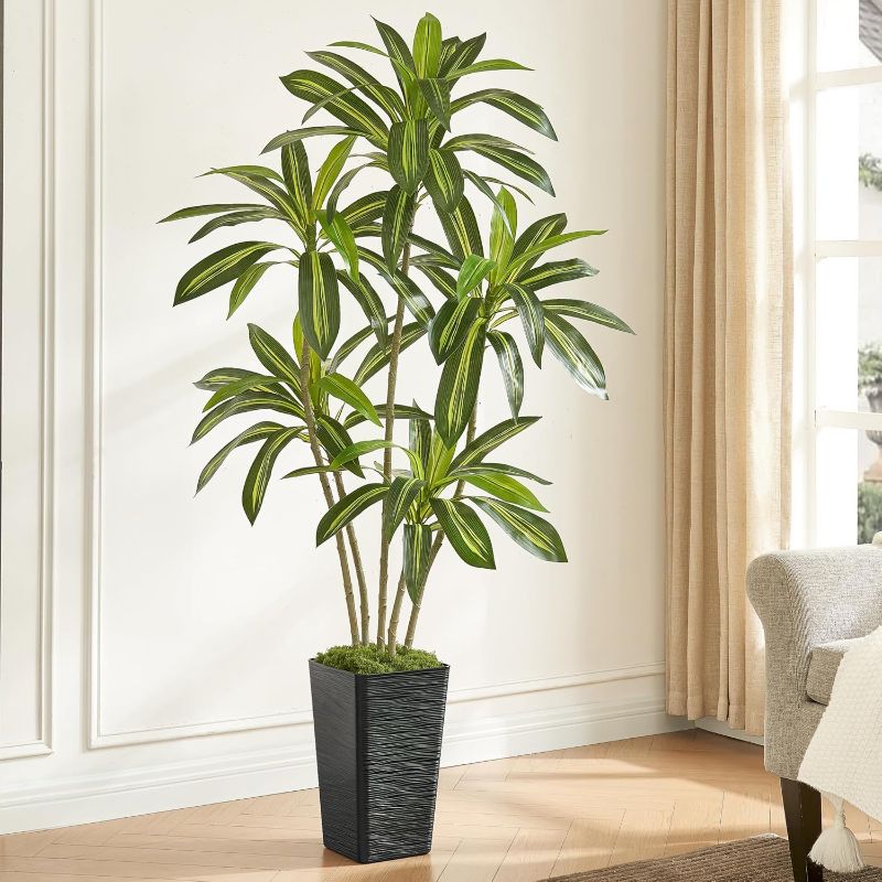 Photo 1 of 6FT Artificial Dracaena Tree with Black Planter - Real Touch Fake Plant for Home & Office Decor, Faux Yucca Indoor Floor Tree