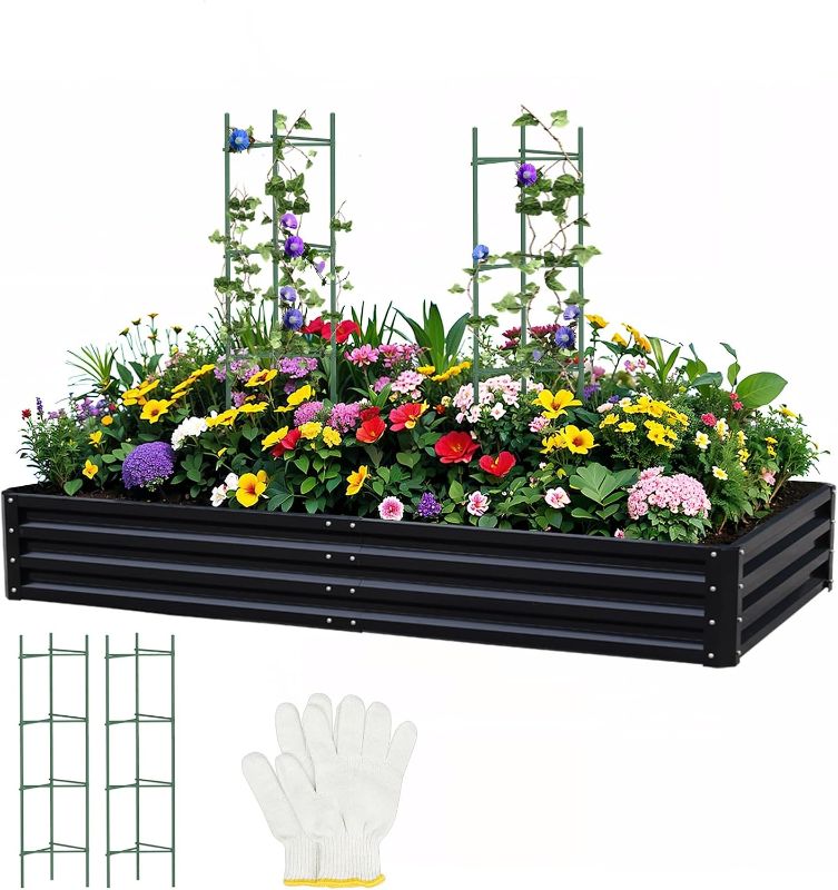 Photo 1 of Metal Raised Garden Bed 8x4x1Ft Outdoor Large Metal Galvanized Planter Boxes Kit for Vegetables, Flowers, and Herbs,Garden Beds with 2Pcs Tomato Cage 1Pc Gloves,Black
