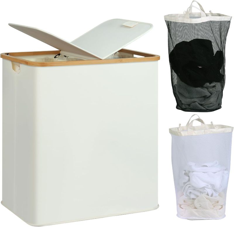 Photo 1 of efluky Laundry Hamper with Lid, Double Laundry Hamper with 2 Removable Bags, 2 Section Laundry Basket with Bamboo Handles for Bathroom, Bedroom & Laundry Room, 140L (36.9 Gallon) Beige