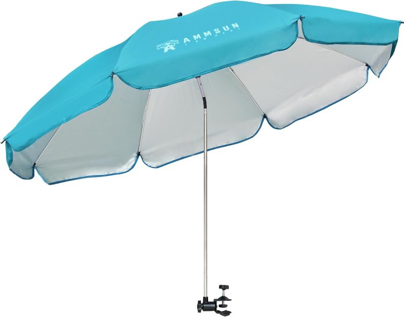 Photo 1 of AMMSUN XL Chair Umbrella with Universal Clamp Adjustable 52 inches and 360-degree Swivel UPF 50+, Portable Clamp on Camping or Beach Chair, Stroller, Wheelchair, Golf cart, Bright Blue, Large-sized