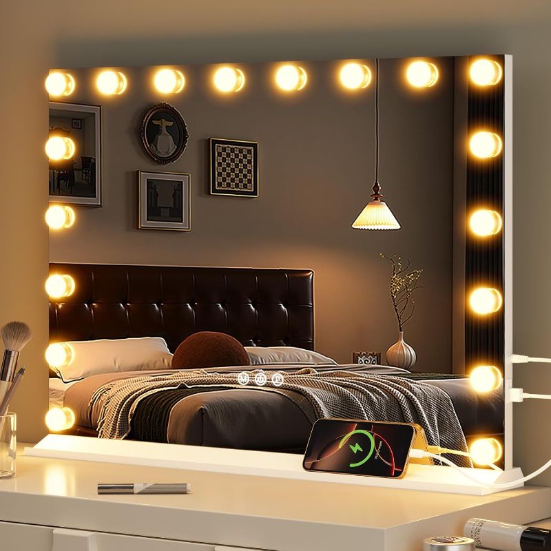 Photo 1 of Vanity Mirror with Lights, Makeup Mirror with USB/Type-C Charging, Large Hollywood Mirrors w/ 18 LED Bulbs & 5X Magnifier, LED Mirrors for Bedroom Tabletop & Wall Mounted