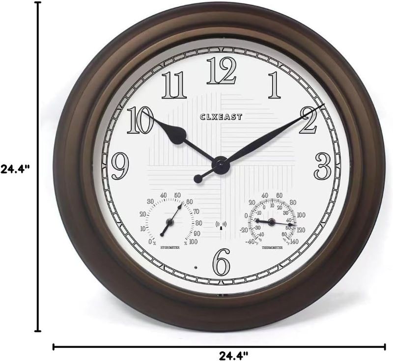 Photo 1 of CLXEAST 24 Inch Illuminated in/Outdoor Lighted Atomic Analog Wall Clock with Thermometer & Hygrometer, Oversized Large Waterproof Wall Clocks for Living Room Decor,Bronze Finish