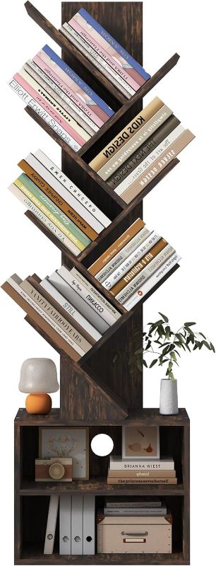 Photo 1 of 6 Tier Tree Bookshelf, Wood Bookcase with Storage Cabinet, Modern Tall Narrow Bookshelves Organizer, Floor Standing Book Shelf for Bedroom/Living Room/Home Office/Corner(Brown, 6 Tier)