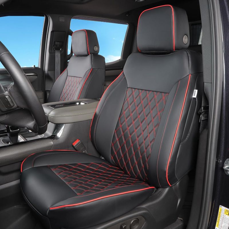 Photo 1 of TANDI Custom Fit Silverado Seat Covers Full Set with Faux Leather for Chevy Silverado 2014 2015 2016 2017 2018 & for GMC Sierra 1500 and 2015-2019 2500HD 3500HD (Black with Red Trim, Full Set (SG-B))