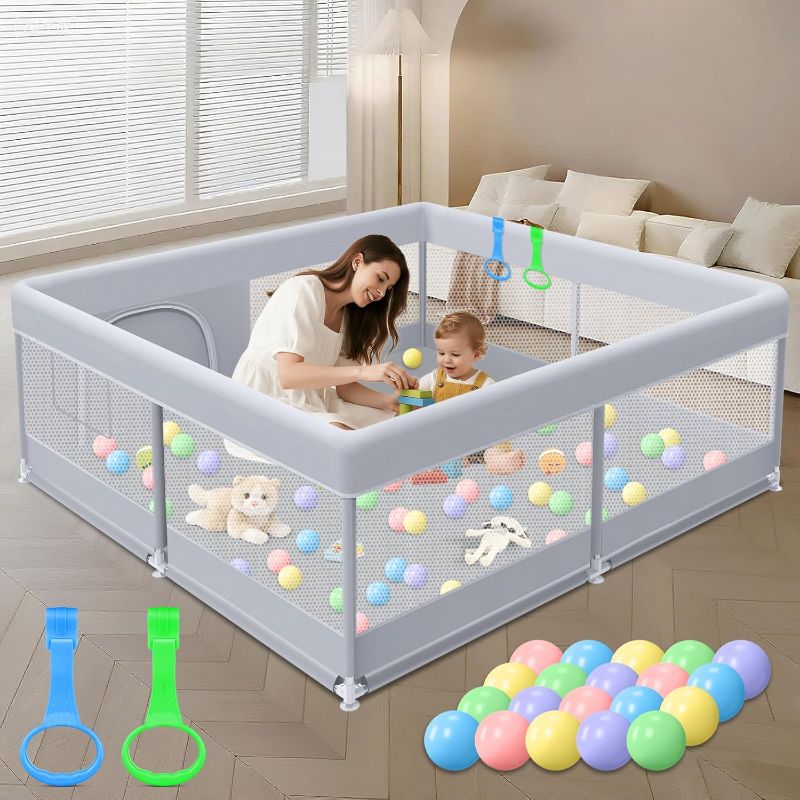 Photo 1 of Baby Playpen 50 x 50 Inch Play Pen Playards, Playpen for Babies and Toddlers, Baby Playard for Indoor & Outdoor Active Center Game Fence, with Skin-Friendly Fabric and Soft Breathable Mesh Grey