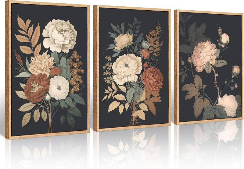 Photo 1 of Vintage Flower Wall Art Dark Floral Canvas Wall Art Botanical Farmhouse Prints Black Flower Pictures Wall Decor Moody Floral Artwork Painting for Living Room Bedroom 16x24x3 Inch Unframed