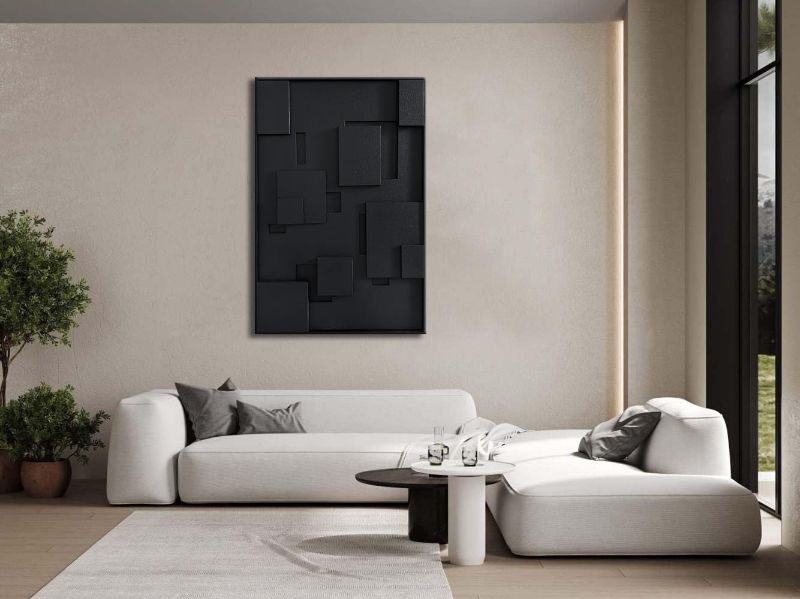 Photo 1 of Slyart 3D Black Geometric Textured Plaster Wall Art, Handmade Contemporary Art Abstract Relief Painting, Framed Thick Texture Vertical Wall Art 24x36 Inch