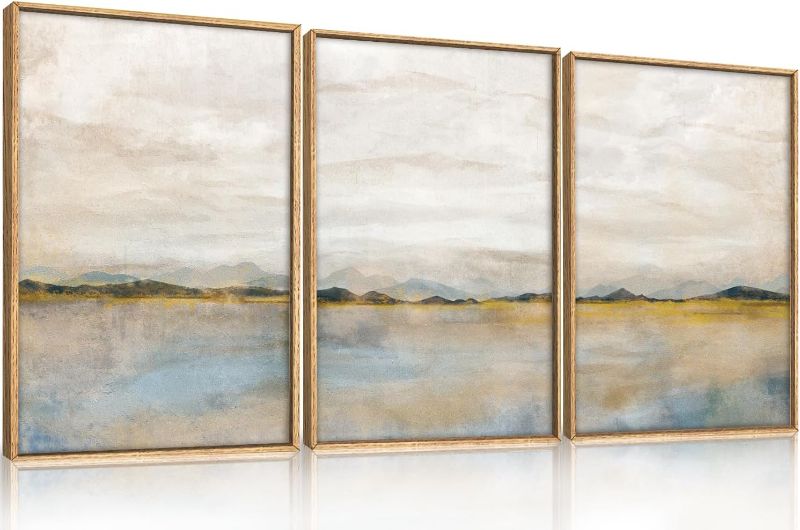 Photo 1 of HLNIUC Large Abstract 3 Piece Wall Art 16x24, Neutral Distant Mountain Wall Decor, Watercolor Beige Dusty Nature Landscape Painting, Modern Pastel Scenery Art Prints for Living Room, Bedroom, Office