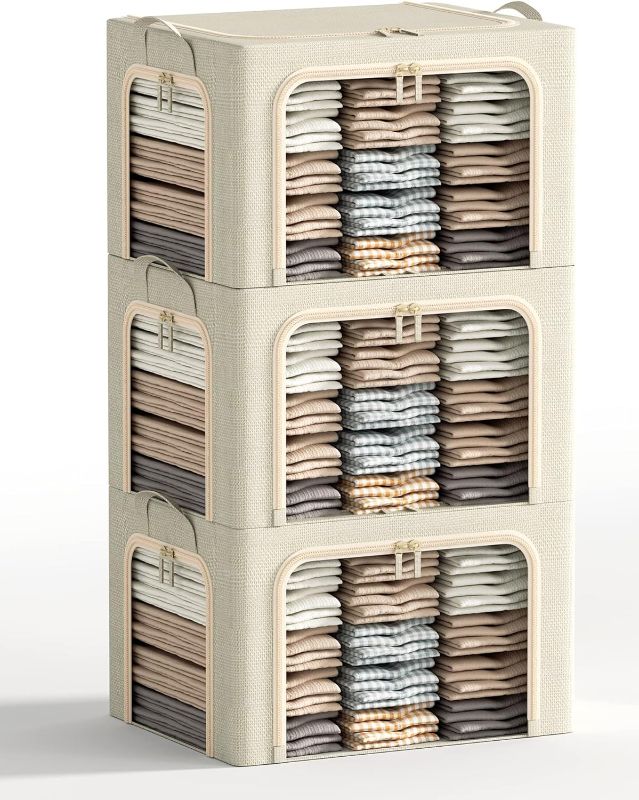 Photo 1 of 3 Opeings Large Clothes Storage Bins with Metal Frame, Foldable Storage Bin for Clothes, Clothing Storage Bins with Lid, Linen Storage Box With Clear Window Zippers Durable Handles.