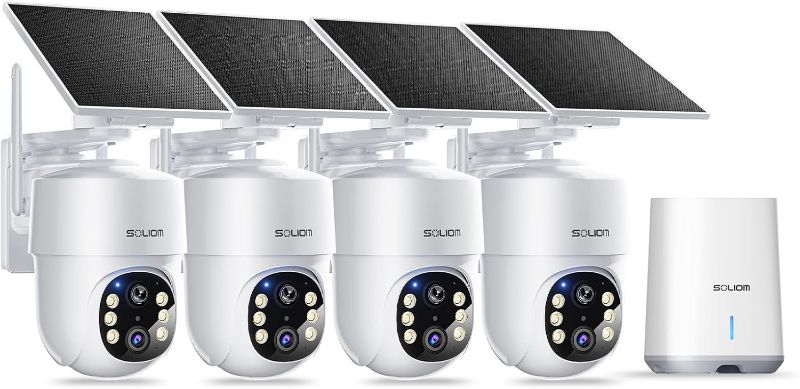 Photo 1 of SOLIOM- 5MP Security Cameras Wireless Outdoor, No Subscription,4-Cam Pack, Solar Powered Home Security Camera with 360° Auto Tracking, Pan & Tilt, 3K Color Night Vision,5G & 2.4G Router Compatible