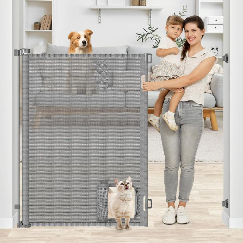 Photo 1 of 48 Inch Extra Tall Dog Gate with Cat Door, 55" Wide Retractable Baby Gates for Dogs, Retractable Dog Gate Indoor & Outdoor, Extra Tall Pet Gates for Doorways Mesh Cat Gate for Hallway, No Jump, Gray
