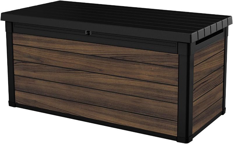 Photo 1 of Keter Signature Collection 150 Gallon Resin Deck Box Organization and Storage for Patio Outdoor Cushions, Throw Pillows, Garden Tools and Pool Supplies, Rosewood