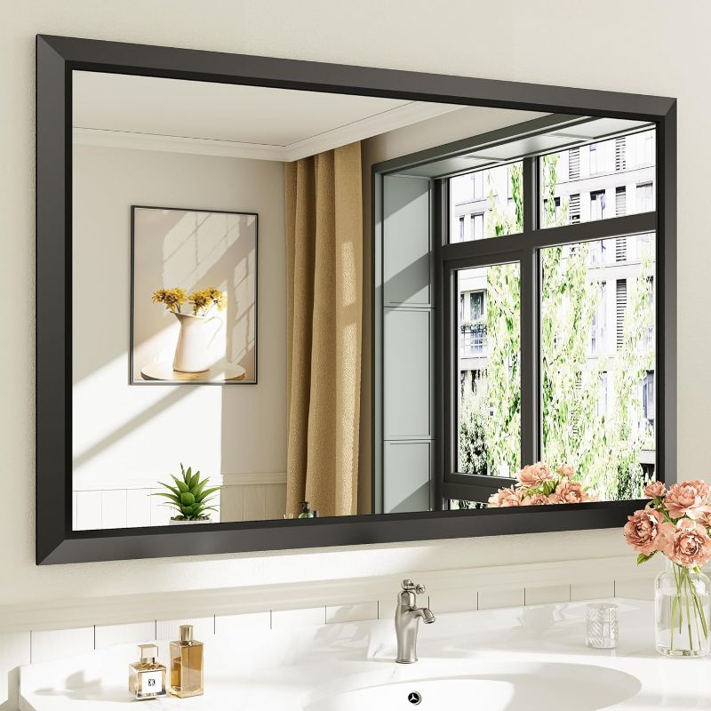 Photo 1 of 48x32 Inch Black Bathroom Mirror for Wall, Thick Metal Framed Rectangle Mirrors for Over Sink, Bedroom, Living Room, Entryway, Anti-Rust, HD Tempered Glass