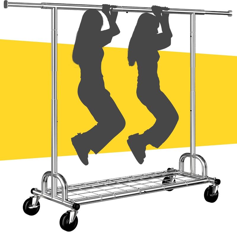 Photo 1 of Raybee Heavy Duty Clothes Rack, Clothing Racks for Hanging Heavy Clothes 200+, Rolling Clothing Rack Load 485 LBS, Extendable & Adjustable Portable Commercial Garment Rack with Wheels