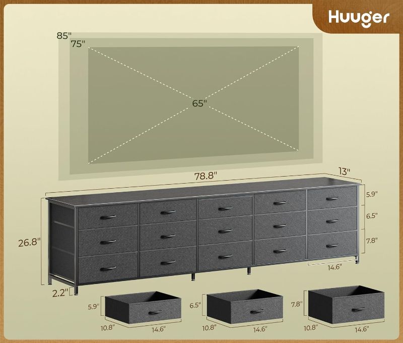 Photo 1 of Huuger 78.7 inch Long Dresser for Bedroom, 15 Drawer Fabric Dresser for Closet, Large TV Stand for 65, 75, 85 inch TV, Wide Chest of Drawer with Storage, 78.7" W x 12.9" D x 26.7" H, Charcoal Black