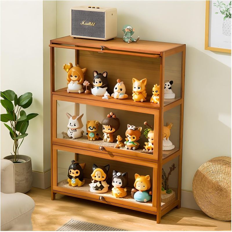 Photo 1 of Curio Display Cabinet with Acrylic Doors for Collectibles Small Curio Cabinet 4 Tier 3 Tier Figures Display Case Toys Display Shelves Vitrina Storage Cabinet,Brown,3 Tier_Flip Up Door