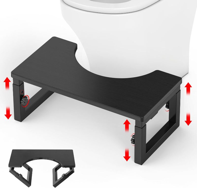 Photo 1 of Wood Toilet Stool Foldable, 6" and 7" Adjustable Height Squat Stool Potty for Adults Kids, Sturdy Poop Step Stool for Bathroom, Improve Squatting Posture and Comfort, Non-Slip, Black