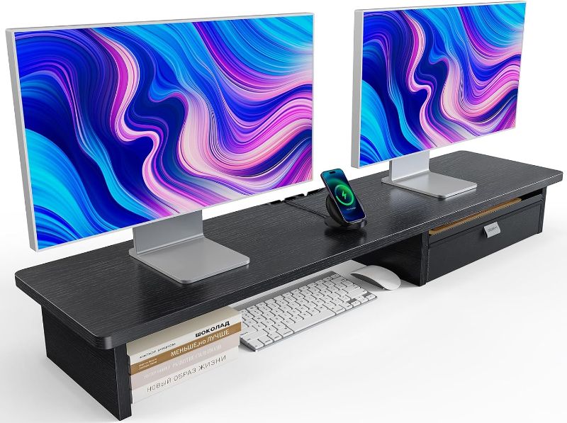 Photo 1 of HUANUO Large Dual Monitor Stand with Drawer, Wood Monitor Stand Riser for 2 Monitors with Storage & Cable Management, Desktop Organizer up to 55" fit Monitor, Computer, TV, Printer