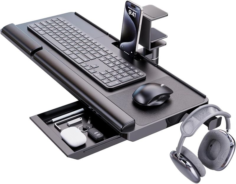 Photo 1 of Klearlook Keyboard Tray Under Desk with 360° Rotation, Ergonomic Computer Keyboard & Mouse Tray 25"W×11.02"D Sit Stand Desk Keyboard Holder w/Wrist Rest & Storage Drawer (Height is not Adjustable)