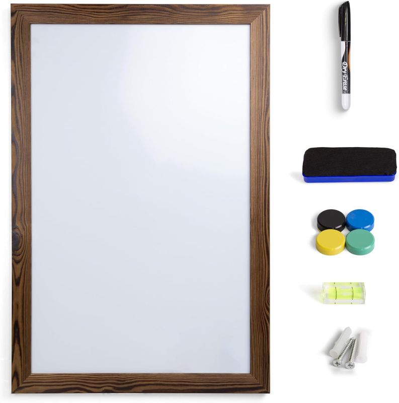 Photo 1 of Real Wooden Framed Magnetic Dry Erase Whiteboard, 24" X 36", Vertical/Horizontal Wall Mount, Includes Black Marker, Eraser and 4 Magnets, by Better Office Products (Rustic Brown)