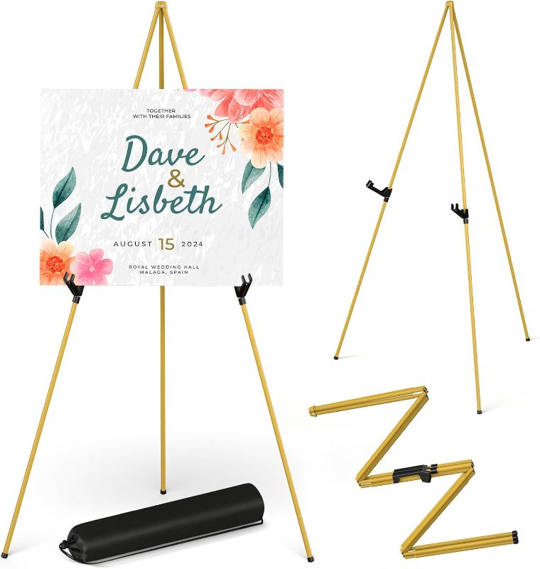 Photo 1 of Display Artist Easel Stand - 63" Instant Tripod Collapsible Portable Floor Easel - Easy Folding Adjustable Art Poster Metal Stand for Display Show, Wedding, Painting - Gold