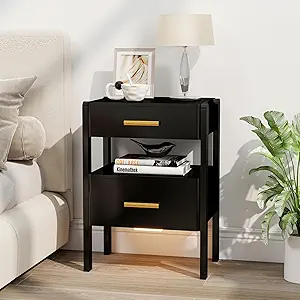 Photo 1 of Nightstand with 2 Drawers and Open Shelf Wood Bedside Table Gold Handles Storage Night Stand with Light for Bedroom, Black