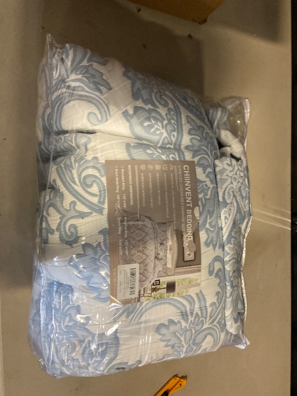 Photo 1 of chiinvent Oversized King Bedspreads 128x120 Extra Wide Coverlet Sets, 5 Piece Double-Sided Damask Jacquard Large Quilts, Lightweight and Reversible, Widen Cal King, Light Blue