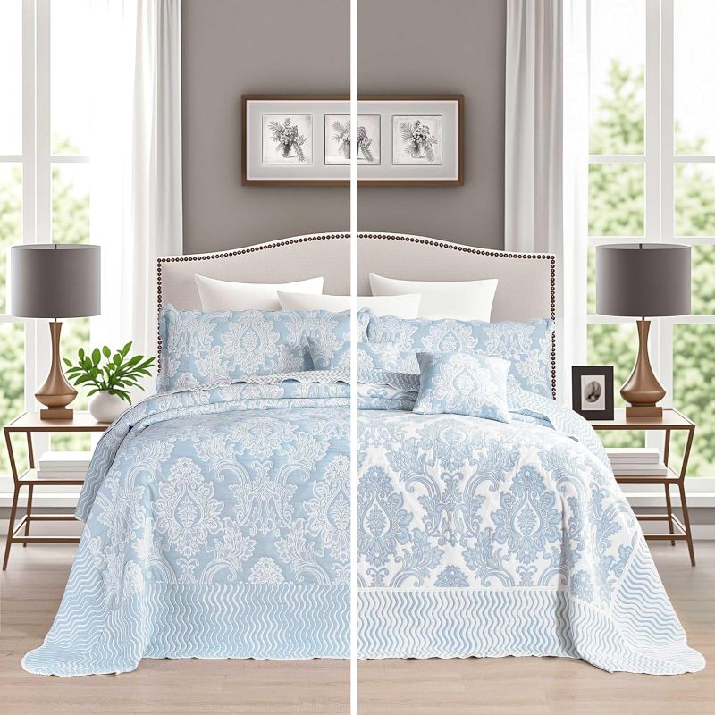 Photo 1 of chiinvent Oversized King Bedspreads 128x120 Extra Wide Coverlet Sets, 5 Piece Double-Sided Damask Jacquard Large Quilts, Lightweight and Reversible, Widen Cal King, Light Blue
