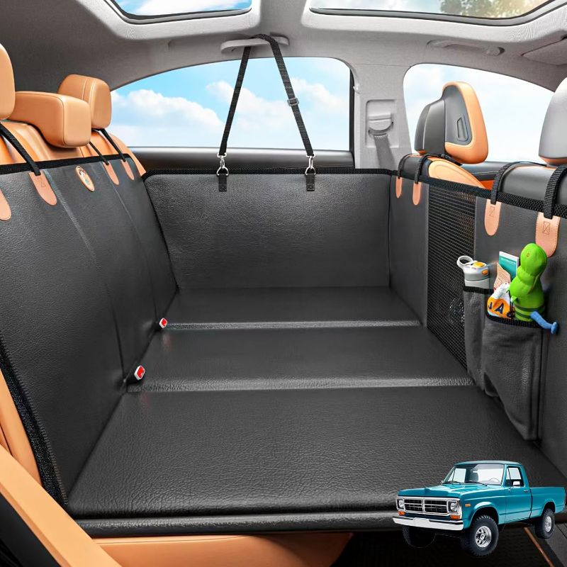 Photo 1 of Back Seat Extender for Dogs, Hard Bottom Dog Car Seat Cover for Truck Back Seat, Dog Hammock for Car, Upgraded PU Leather Material, Larger Space, Holds 400lbs