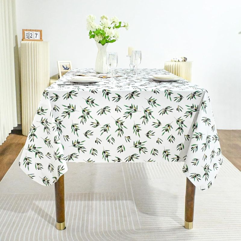 Photo 1 of Rectangle Green Olive Table Cloth, Waterproof Vinyl Summer Tablecloth Flannel Backed, Wipeable Plastic Table Covers for Dinner, Kitchen and Outdoor 60" x 84"