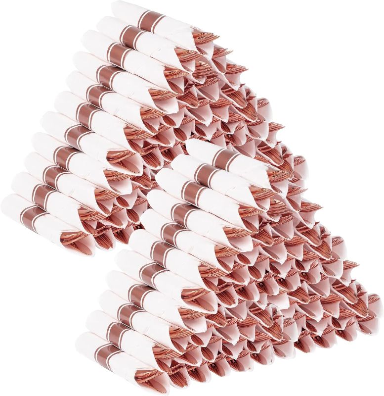 Photo 1 of Rose Gold Disposable Plastic Silverware - 100Pack Pre Rolled Plastic Cutlery, Wrapped Party Silverware, Rolled Disposable Utensils with 100 Forks Knives Spoons Dinner Napkins for Party