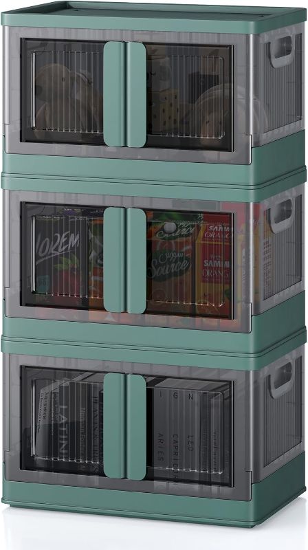 Photo 1 of 8.4Gal Collapsible Storage Bins with Lids & Wheels - 3 Pack Stackable with Doors, Heavy-Duty Plastic Containers for Home/Office, Green