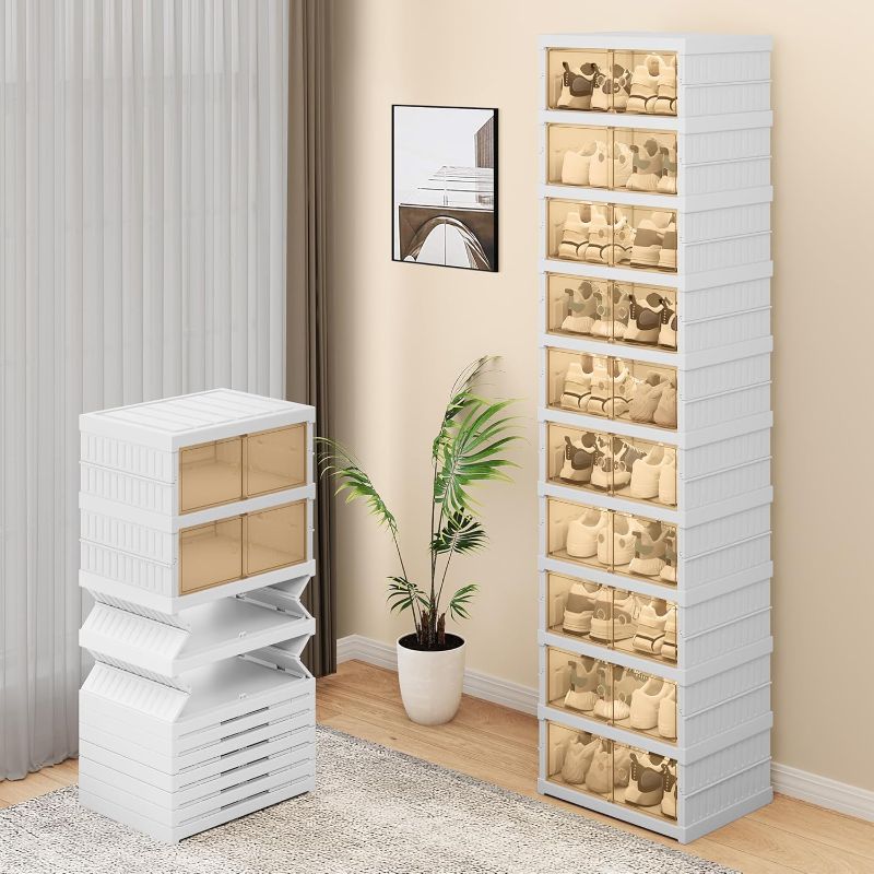 Photo 1 of YITAHOME 10 Tiers-20 Pairs Easy Assembly Shoe Box with Magnetic Doors, Foldable Shoe Storage Organizer for Closet, Collapsible Shoe Rack Sneaker Organizer for Entryway, Living Room, Bedroom (White)
