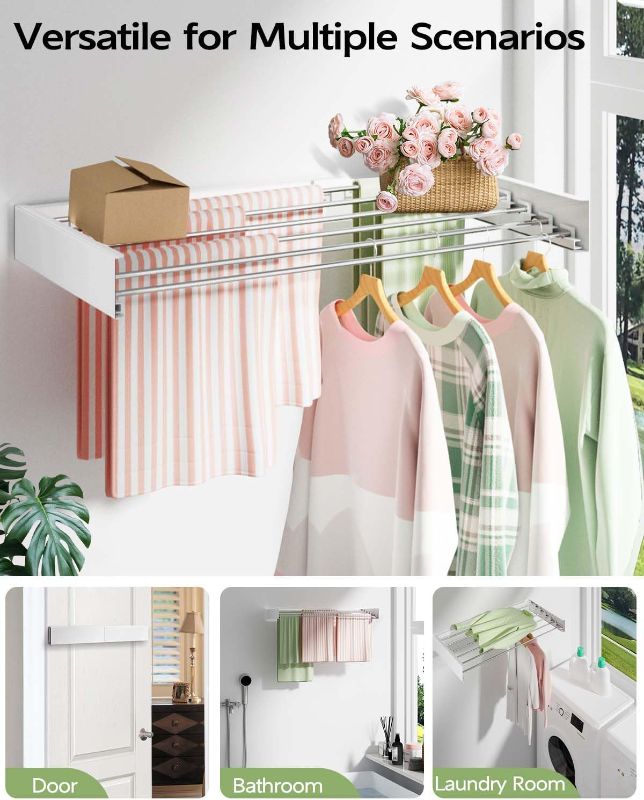 Photo 1 of Wall Mounted Clothes Drying Rack 40 inches, Foldable Wall Mount Laundry Rack Folding Indoor, Drying Rack Clothing Collapsible, Hidden Space Saver with Wall Template, 6 Rods, White