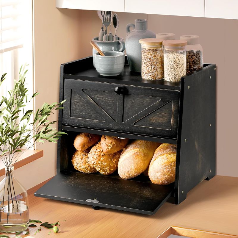 Photo 1 of Ollieroo Vintage Double Layer Bread Box for Kitchen Countertop, Bamboo Bread Storage Container, Breadbox for Homemade Bread, Large Capacity Bread Bin(Black)