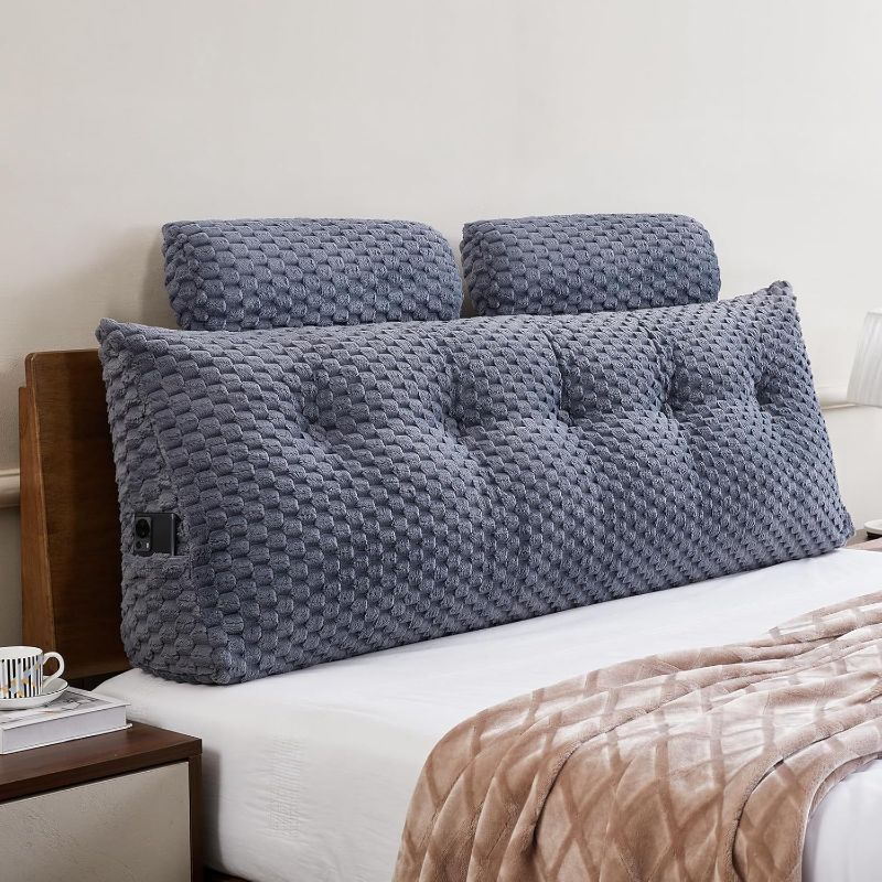 Photo 1 of Wedge Headboard Pillow Queen- Bed Wedge Pillow for Headboard Triangular Headboard Pillow with Neck Roll Pillow-Large Bolster for Sitting in Bed Backrest Positioning Support (Grey,59x8x20 Inches)