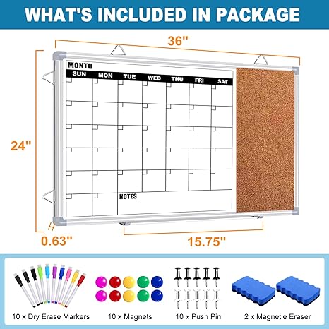 Photo 1 of Calendar Whiteboard for Wall, 36" x 24" Double Sided Monthly Dry Erase Board Calendar for Office, Home, School, Hanging Cork Board White Board Combo, Portable Magnetic Dry Erase Planner Board