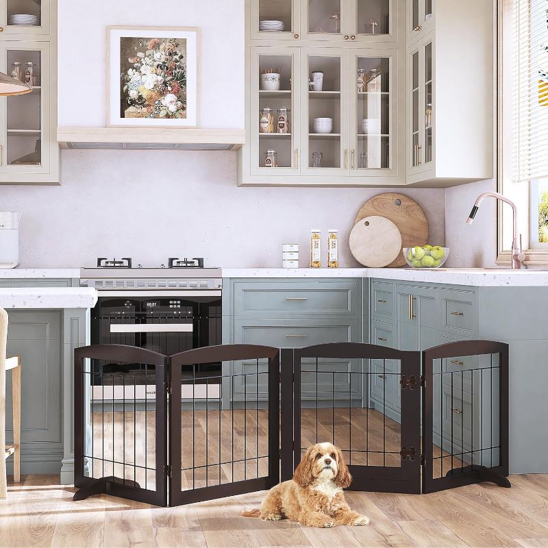 Photo 1 of PAWLAND Freestanding Dog gate with Walk Through Door, Dog Gates for Doorways, The House, Stairs, 80" Wide Pet Puppy Safety Fence with Support Feet, 4 Panels, Espresso