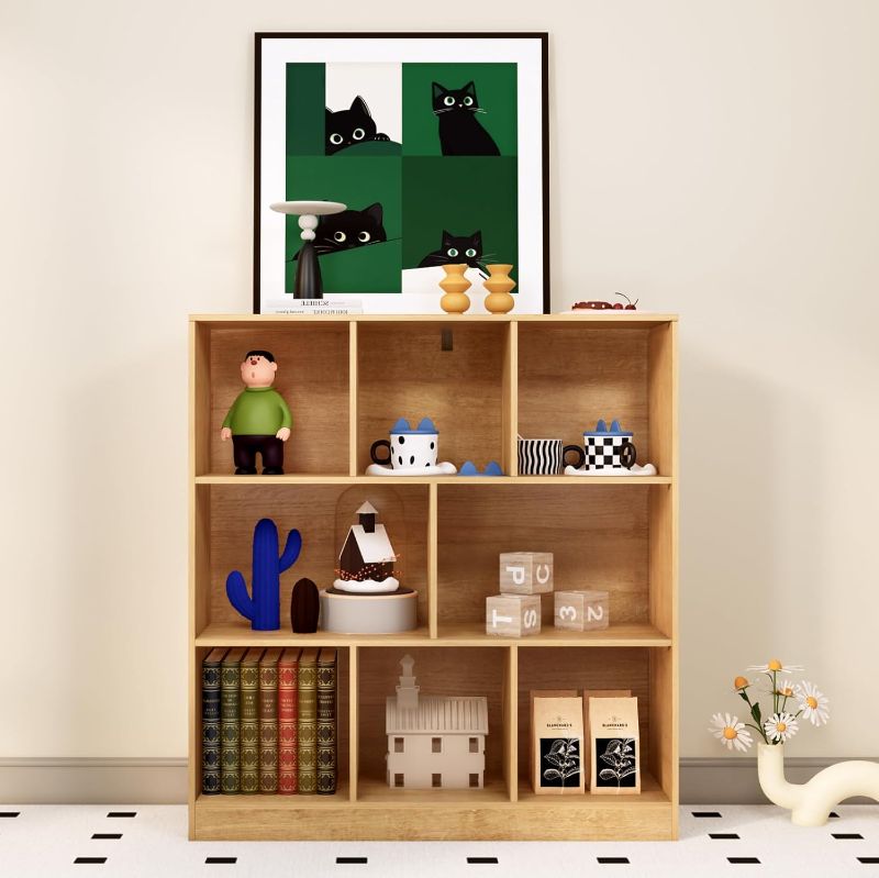 Photo 1 of 8-Cube Wooden Bookshelf with Base,3-Tier Freestanding Open Storage Organizer,Multi-Functional Bookcase for Living Room,Bedroom,Study and Office (Oak, 8-Cube)